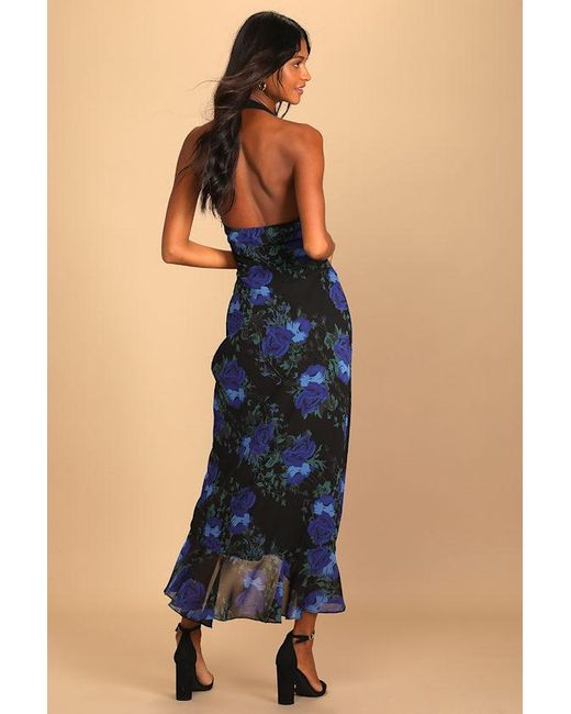 Lulus Blue Elegant Entrance Floral Print Halter Maxi Dress