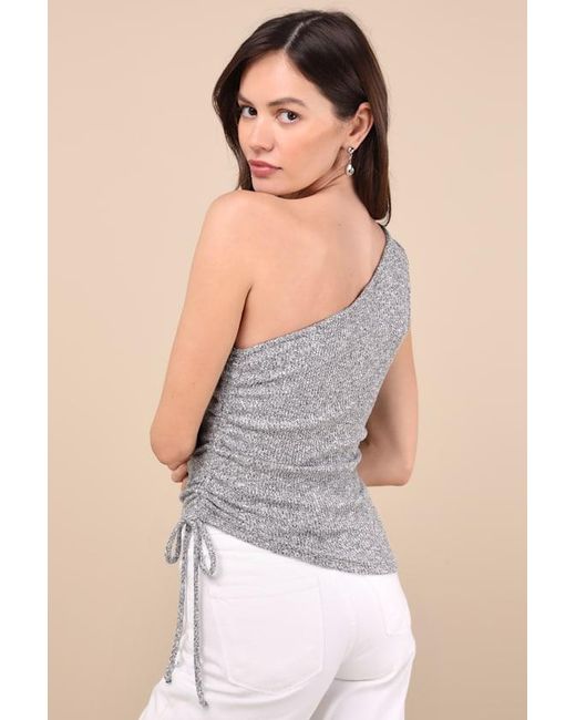 Lulus Gray Cassara Marled Ribbed One-Shoulder Drawstring Tank Top