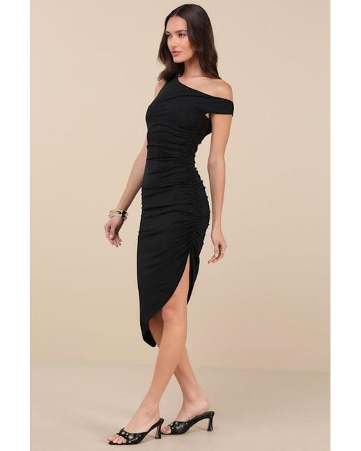 Lulus Natural Incredibly Posh Ruched Asymmetrical Midi Dress
