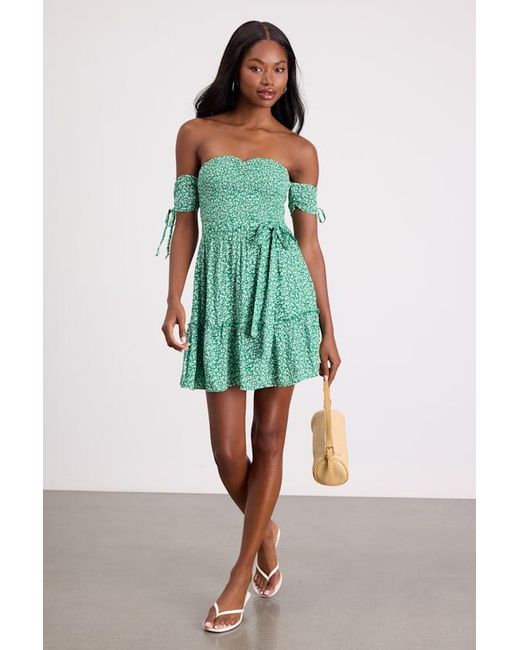 Lulus Green Sweetest Feelings Floral Off-The-Shoulder Mini Dress