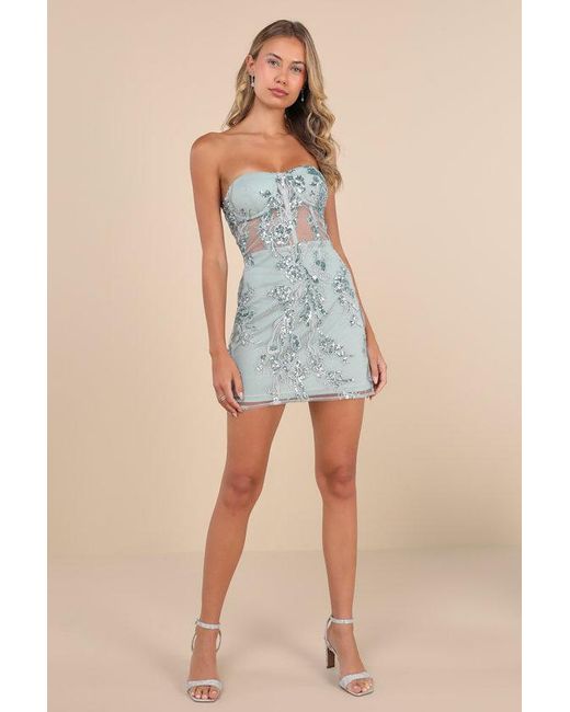 Lulus Blue Unreal Date Sequin Embroidered Strapless Mini Dress