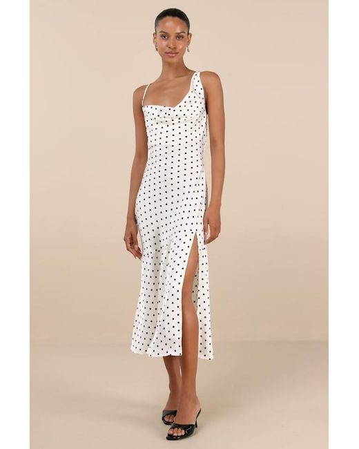 Lulus Blue Matea Polka Dot Satin Cowl Tie-Back Midi Dress