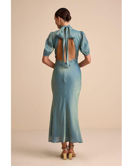 Lulus Green Talira Satin Lurex Mock Neck Cutout Maxi Dress