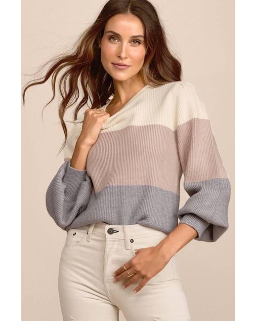 Lulus Brown Open Book Cream Color Block Balloon Sleeve Sweater