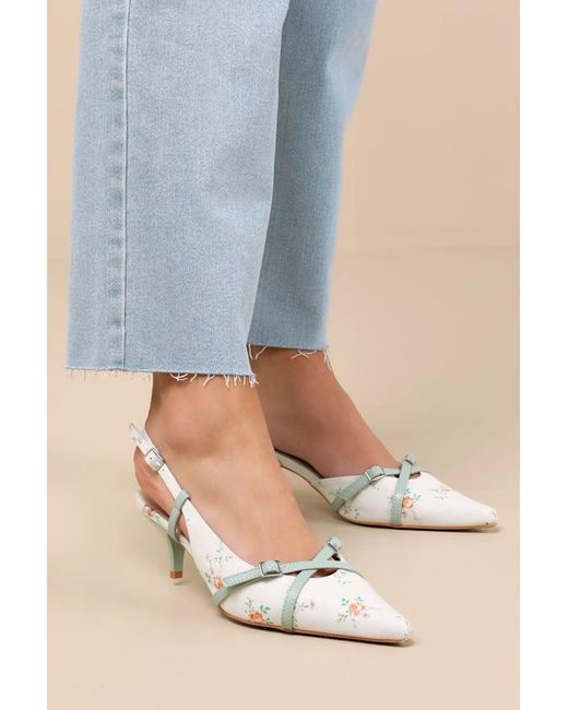 Lulus Blue Marinette Mint Floral Pointed-Toe Kitten Heel Pumps