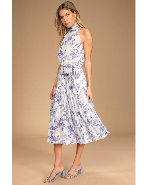 Lulus Blue Float To You Floral Print Halter Tiered Midi Dress