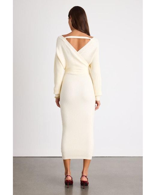 Lulus White Bixby Ribbed Surplice Bodycon Sweater Midi Dress