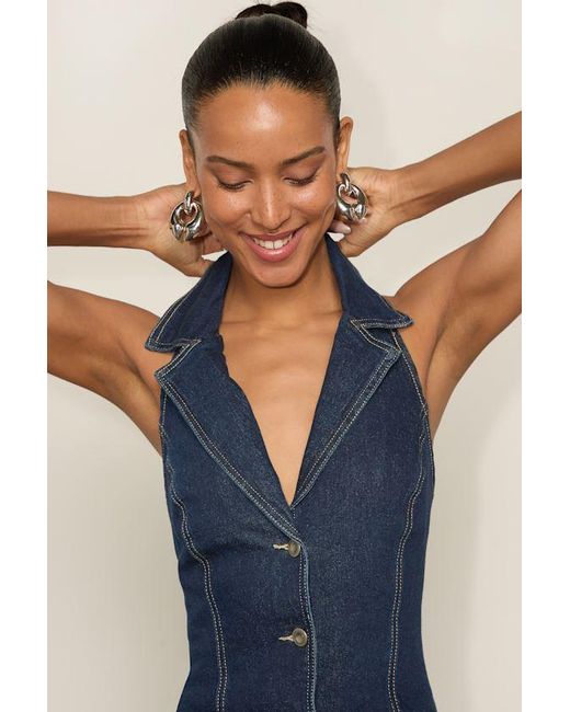 Lulus Blue Lyris Dark Wash Denim Button-Front Collared Halter Top