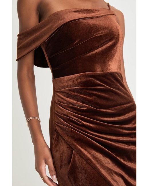 Lulus Red Showing Off A Little Velvet Asymmetrical Tulip Midi Dress