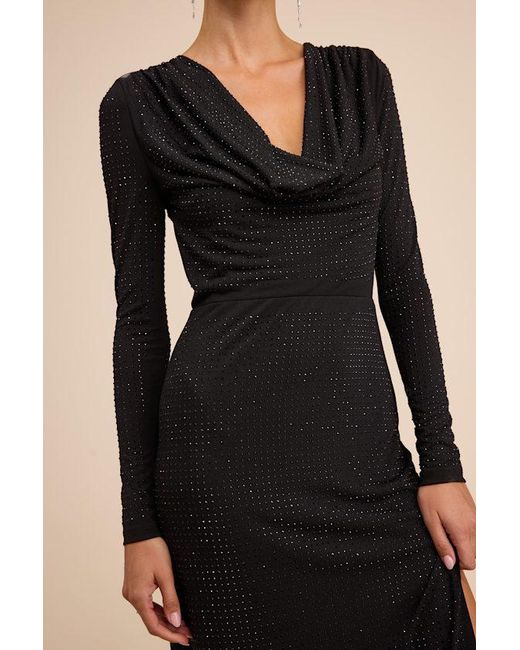 Lulus Black Rhodria Rhinestone Cowl Long Sleeve Maxi Dress