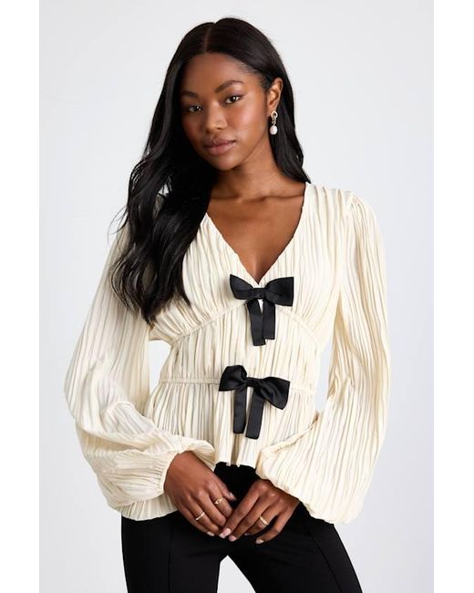 Lulus Black Yvetta Cream Plisse Balloon Sleeve Bow Top