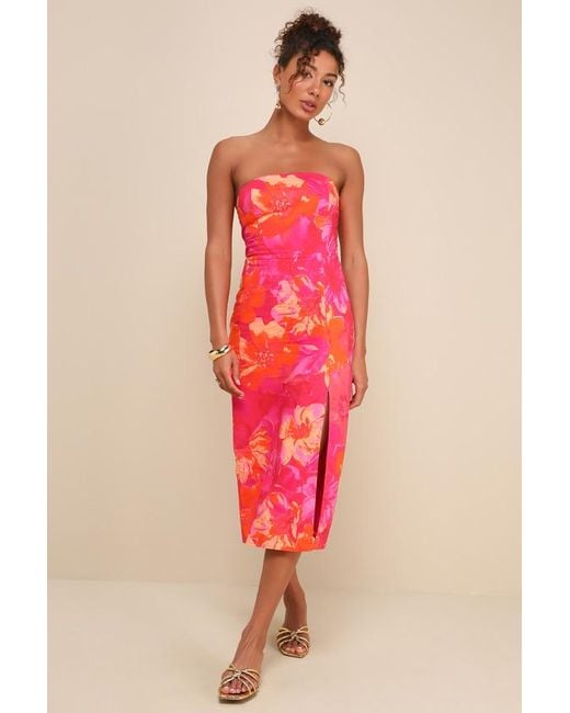 Lulus Pink Bold Tendencies Floral Strapless Cutout Midi Dress