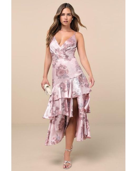 Lulus Pink Seraphelle Floral Satin Surplice Tiered Midi Dress