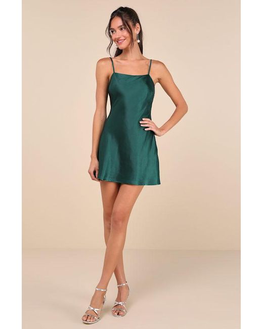 Lulus Blue Sincerest Elegance Emerald Satin Cowl Back Bow Mini Dress