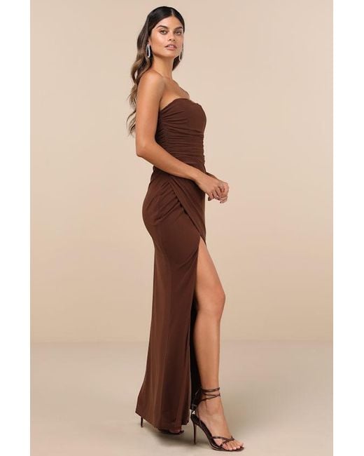 Lulus Natural Epitome Of Allure Mesh Strapless Ruched Maxi Dress