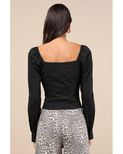 Lulus Black Demure And Sweet Button-Front Long Sleeve Top