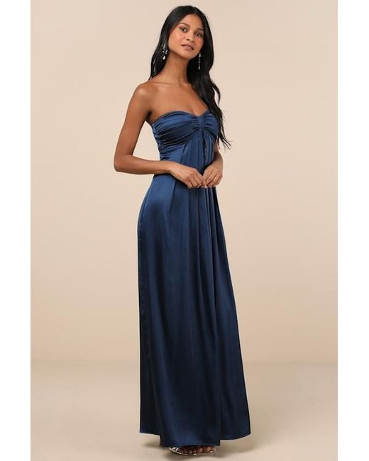 Lulus Blue Memorable Entrance Strapless Satin Maxi Dress
