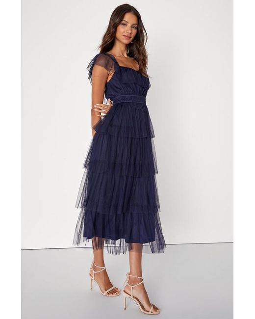 Lulus Blue Tier I Come Tulle Square Neck Tiered Midi Dress