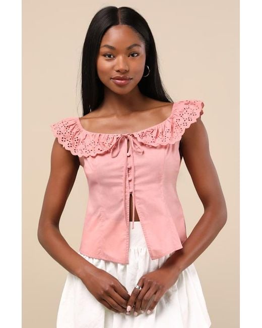 Lulus Pink Alesana Eyelet Embroidered Button-Front Top