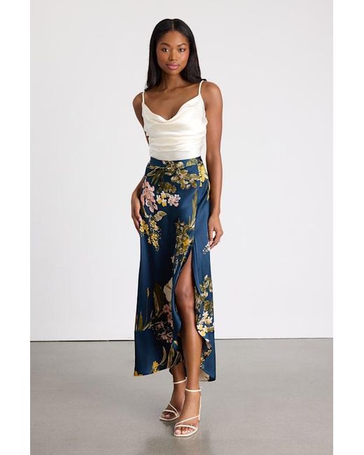 Lulus White Superbly Stunning Floral Print Satin Maxi Skirt