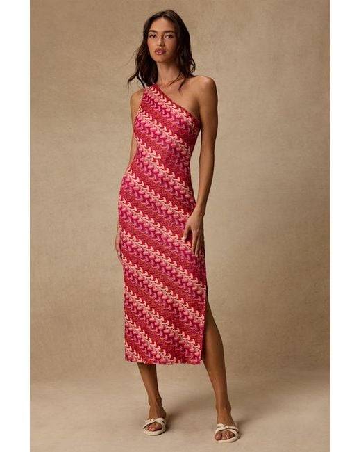 Lulus Red Reya Multi Crochet Chevron One-Shoulder Midi Dress