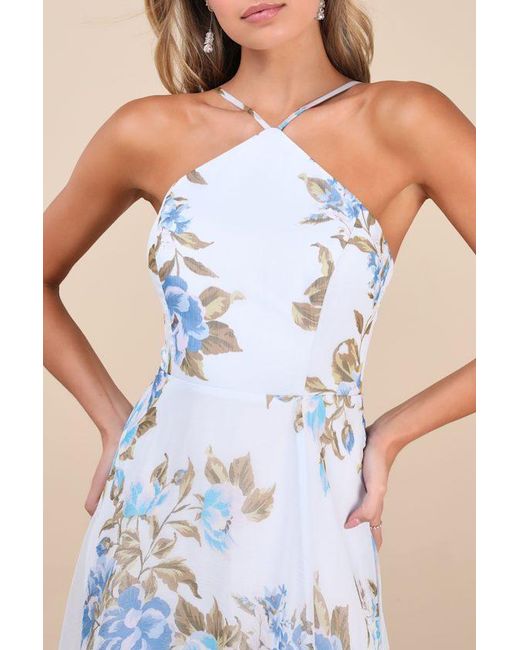 Lulus Blue Romantic Marvel Floral Print Halter Neck Maxi Dress