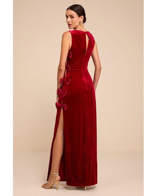 Lulus Red Cordelia Velvet Bow Cutout Column Maxi Dress