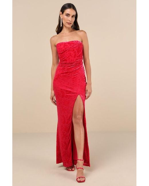 Lulus Red Fabulous Darling Burnout Velvet Strapless Maxi Dress