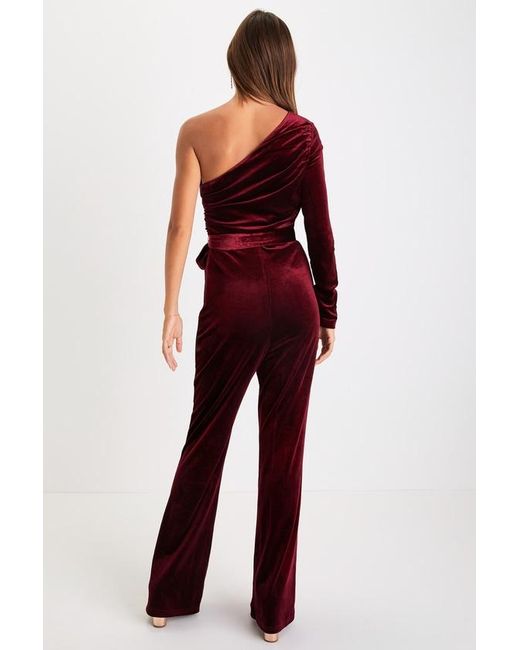 Lulus Red Extraordinary Vibe Velvet One-Shoulder Jumpsuit