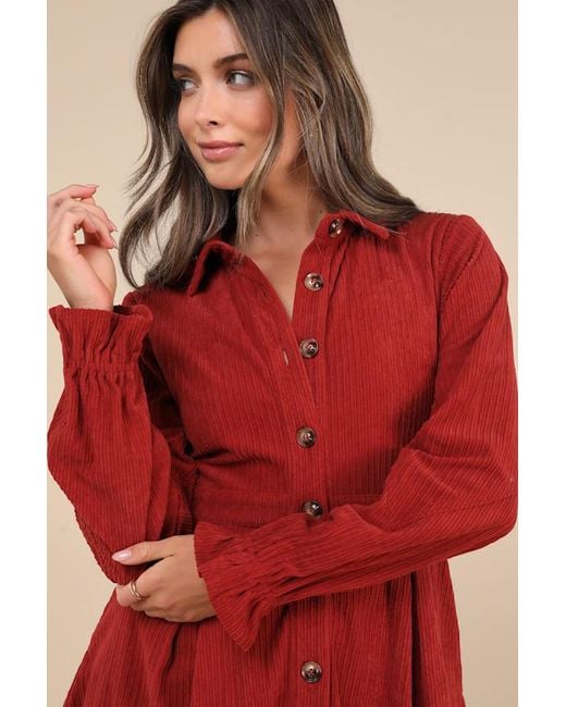 Lulus Red Autumn Mood Corduroy Mini Dress With Pockets