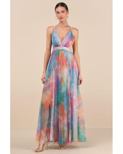 Lulus Red Elegant Moment Multi Watercolor Tie-Dye Backless Maxi Dress