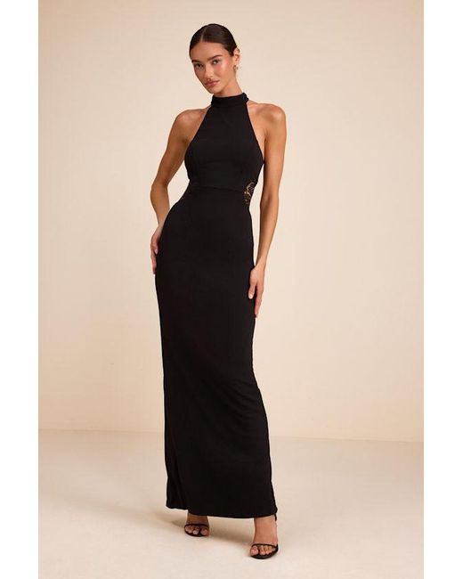 Lulus Black Vira Mock Neck Lace Cutout Maxi Dress
