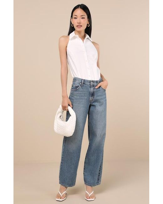 Lulus Blue Aeres Button-Front Collared Halter Bodysuit
