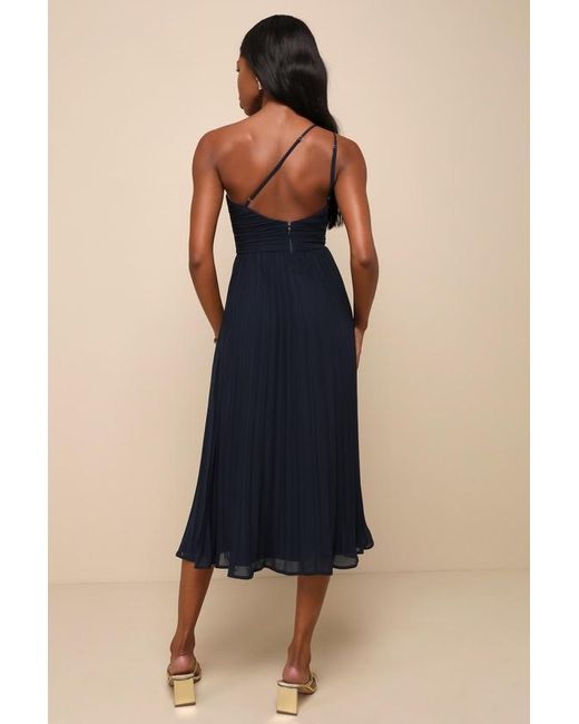 Lulus Blue Wondrous Muse Pleated One-Shoulder Midi Dress