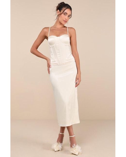 Lulus Natural Alluring Duo Cream Satin Bustier Two-Piece Midi Dress