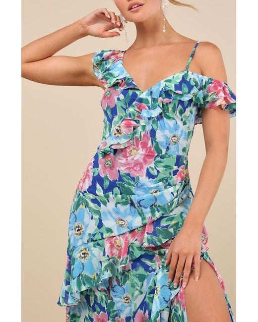 Lulus Blue Cosima Floral Asymmetrical Midi Dress