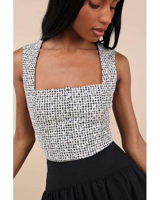 Lulus Black Kotone Gingham Embroidered Sleeveless Top