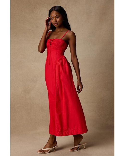 Lulus Red Laylie Poplin Lace-Up Midi Dress