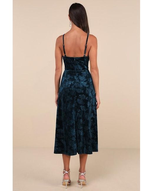 Lulus Blue Considered Glamour Dark Crushed Velvet Buster Midi Dress
