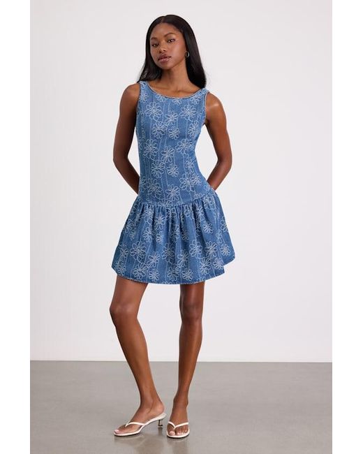 Lulus Blue Kodi Medium Wash Floral Denim Drop Waist Mini Dress