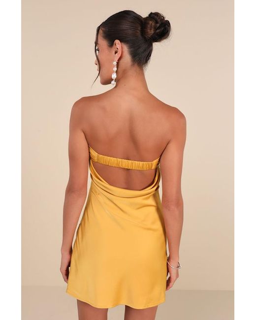 Lulus Orange Exquisite Approach Marigold Satin Strapless Cowl Back Mini Dress