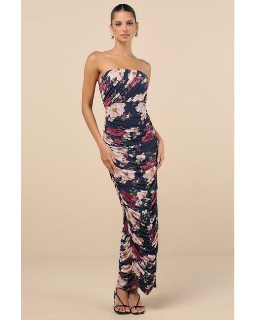 Lulus Blue Averie Floral Mesh Strapless Maxi Dress
