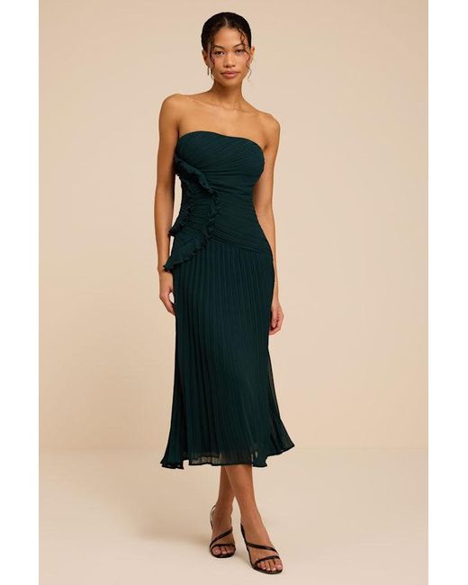 Lulus Blue Brylee Emerald Pleated Ruffled Midi Dress