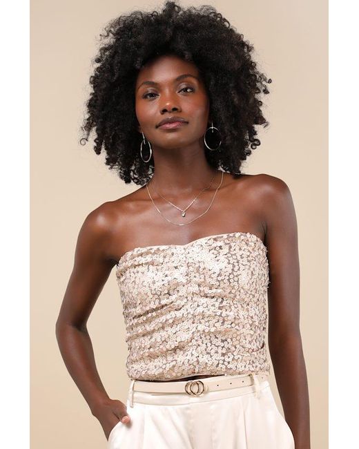 Lulus Natural My Favorite Sparkle Sequin Ruched Strapless Crop Top
