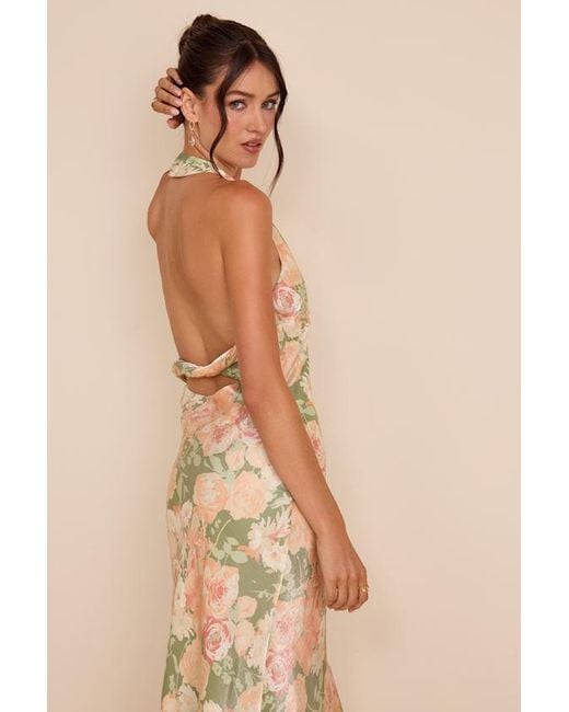 Lulus Natural Belin Sage Multi Floral Satin Backless Midi Dress