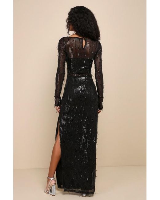Lulus Black Sheer Fascination Sheer Mesh Sequin Fringe Maxi Dress