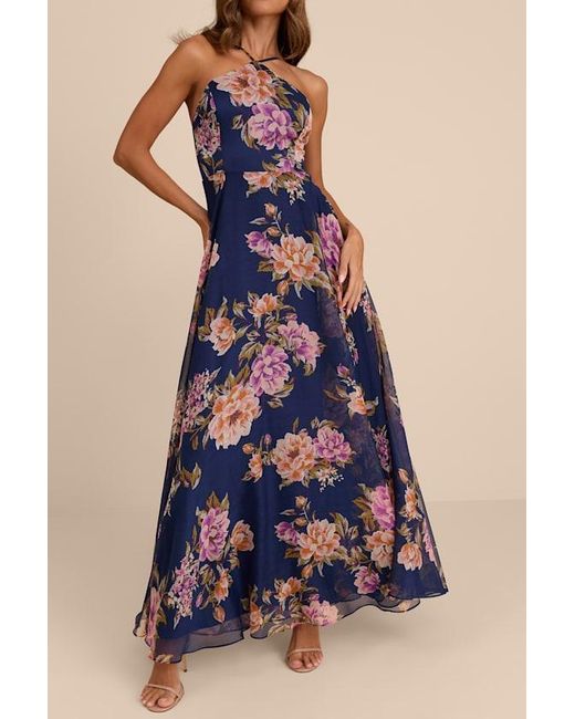 Lulus Blue Romantic Marvel Floral Print Halter Neck Maxi Dress
