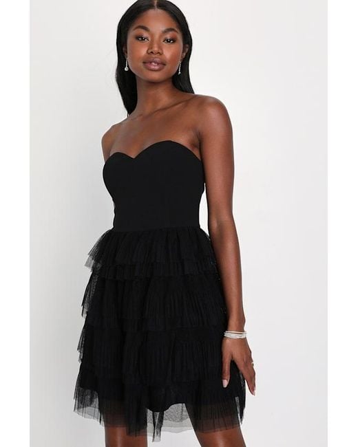 Lulus Black Fabulous Thoughts Tulle Strapless Tiered Mini Dress