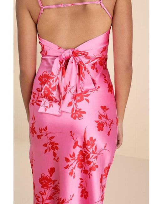 Lulus Pink Glamorous Efforts Floral Print Tie-Back Midi Dress
