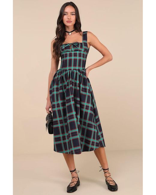 MUTMA Blue Dola And Plaid Sleeveless Bustier Midi Dress